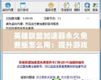 英雄聯(lián)盟加速器永久免費(fèi)版怎么用：提升游戲體驗(yàn)，輕松暢玩