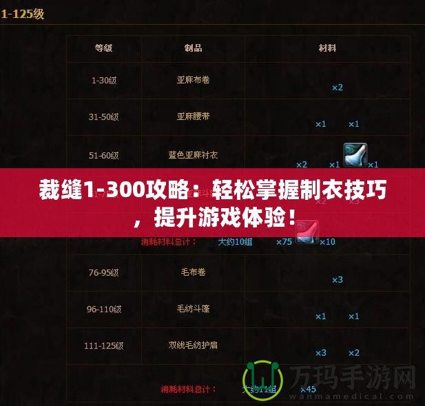 裁縫1-300攻略：輕松掌握制衣技巧，提升游戲體驗(yàn)！